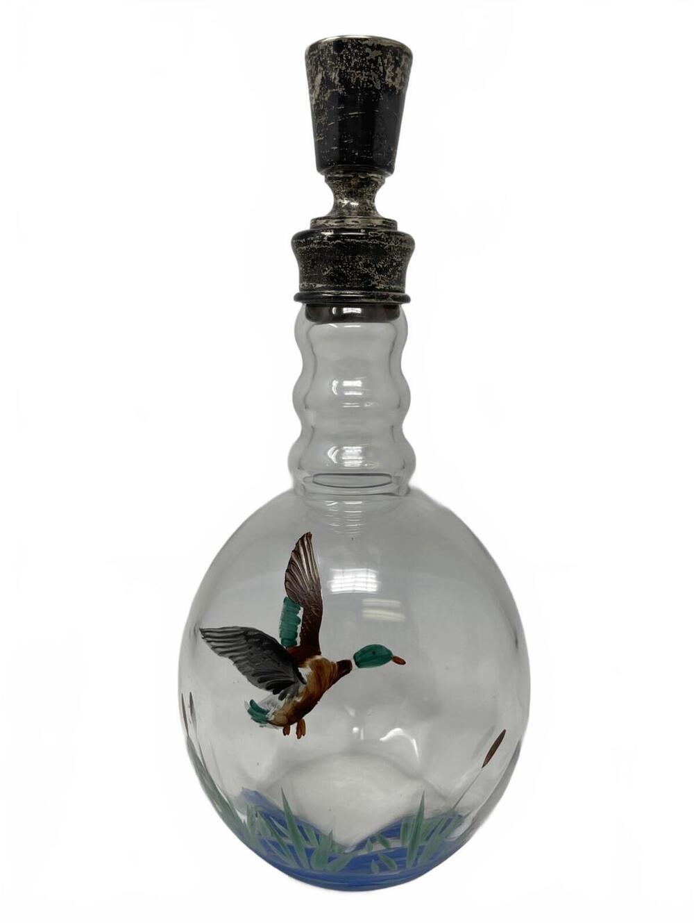 Vintage Hand Painted Mallard Duck Glass Decanter with Decorative Stopper